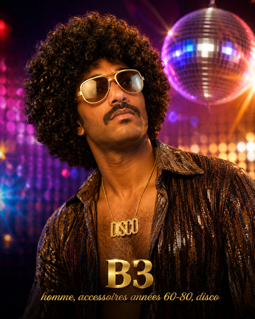 Garçon accessoires année 60-80, disco , perruque ,lunettes, moustache ,collier